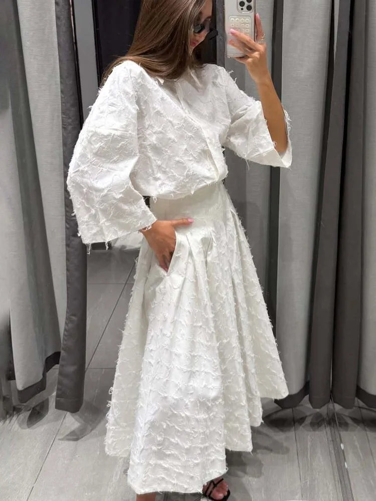 HH Women Shirt Skirt Suit Lapel Single-Breasted Tassel Decoration Casual Shirt Top+Fashion High Waist Zipper Pleated Skirt