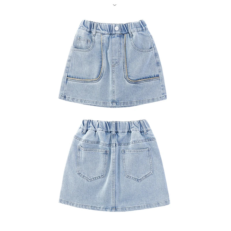 Korean Style Children Denim Mini Skirt with Inner Shorts For Girls Fashion Streetwear Summer Slim Fit Skirts with Pockets Front
