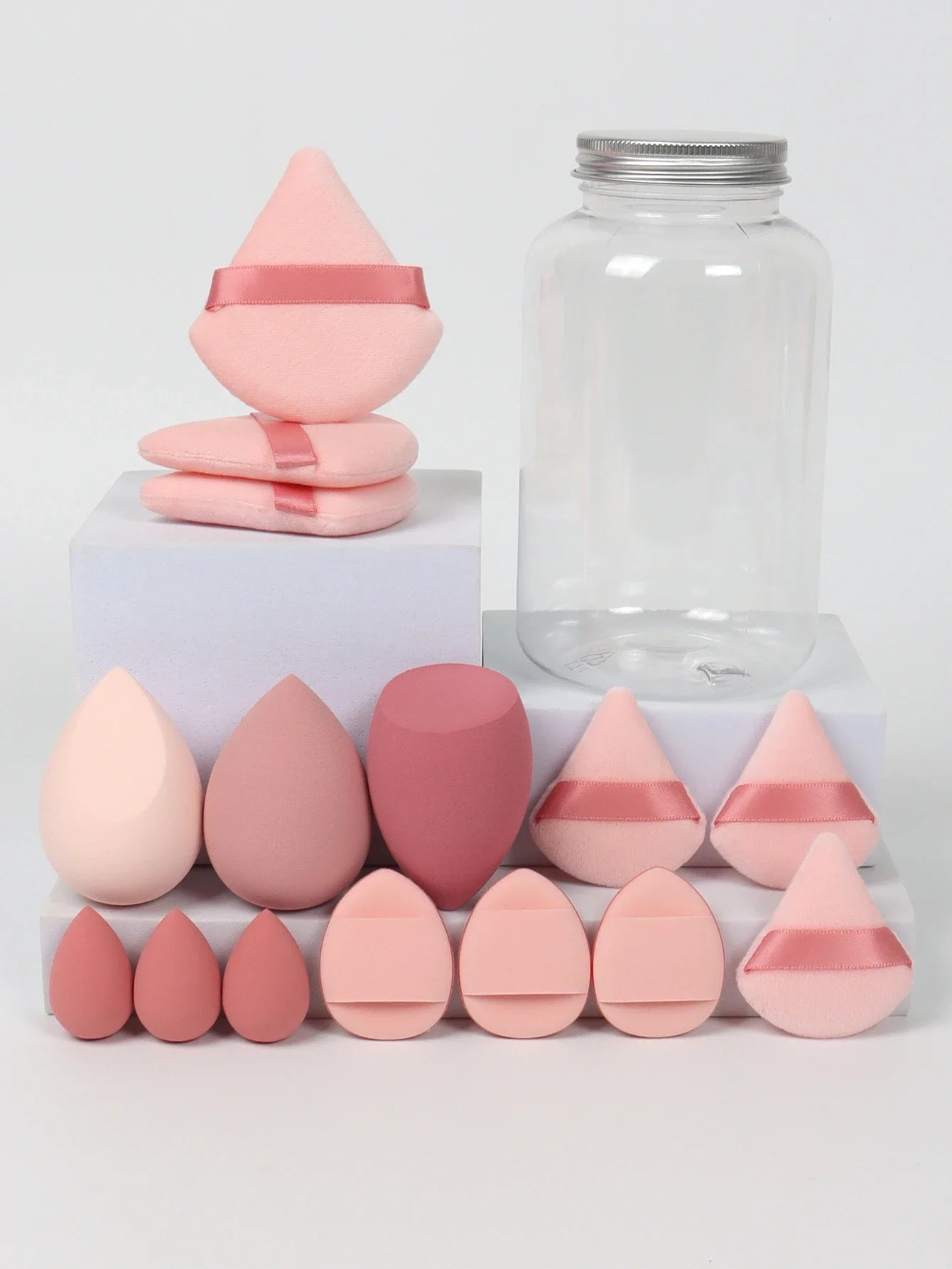 15Pcs Premium Powder Puffs with Storage Jar - Makeup Blending Sponges Set for Face Foundation & Loose Powder Kit