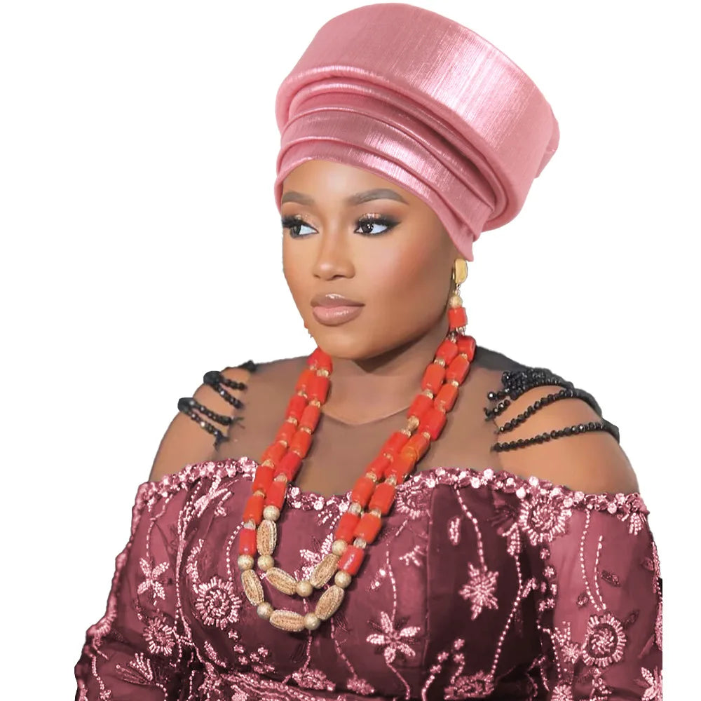 Already Made African Headtie Turban Cap Nigeria Party Headgear Female Head Wraps Pleated Auto Gele Cap Headpiece 2025