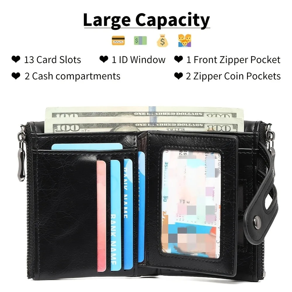 New Men's Chain Wallet RFID Anti-Theft Men's PU Leather Wallet Double Zipper Coin Purse Credit Card Holder for Men and Women