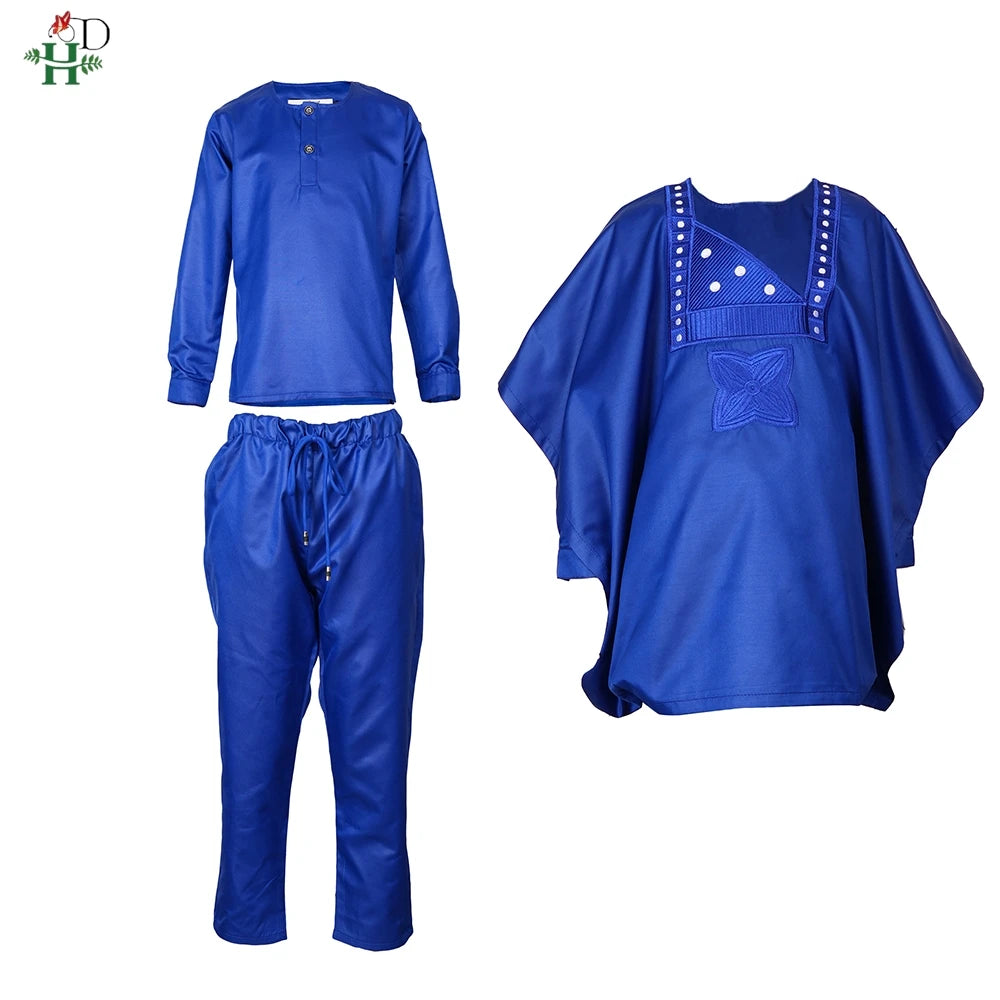 2025 New African Traditional Clothes For Kids Boy White Blue 3 PCS Set Long Sleeve Tops Embroidery Dashiki Robe Shirt Pant Child