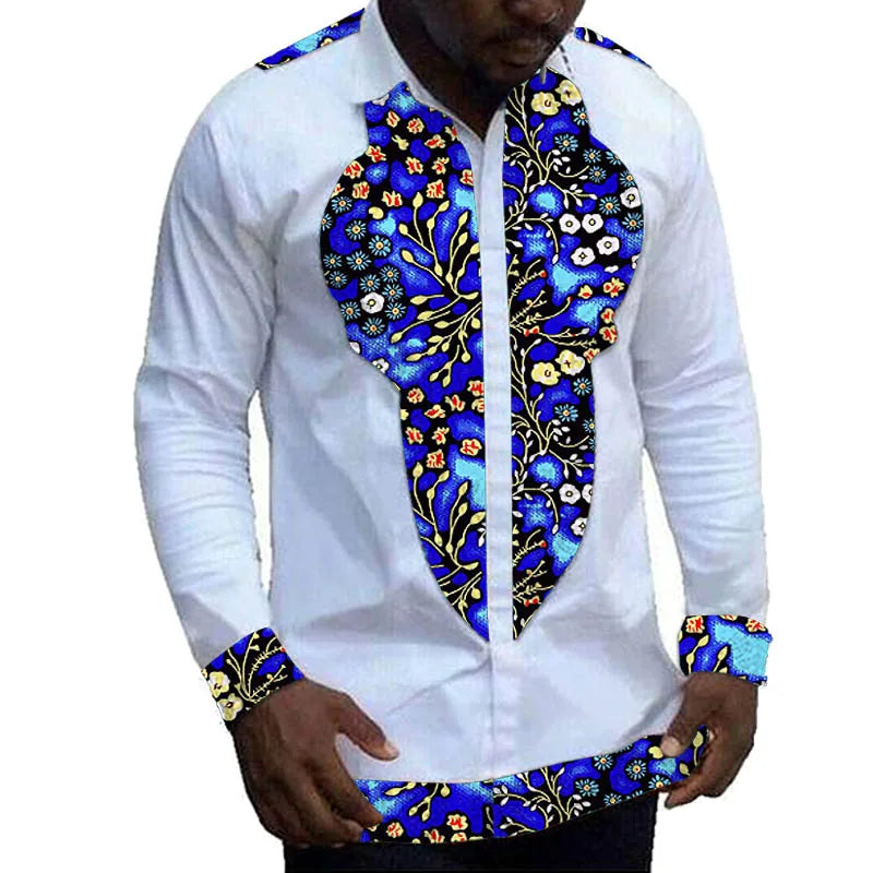 Nigerian Fashion White Men's Shirts Modern Design Casual Shirt Patchwork Long Sleeved Lapel Top African Couture Party Wear