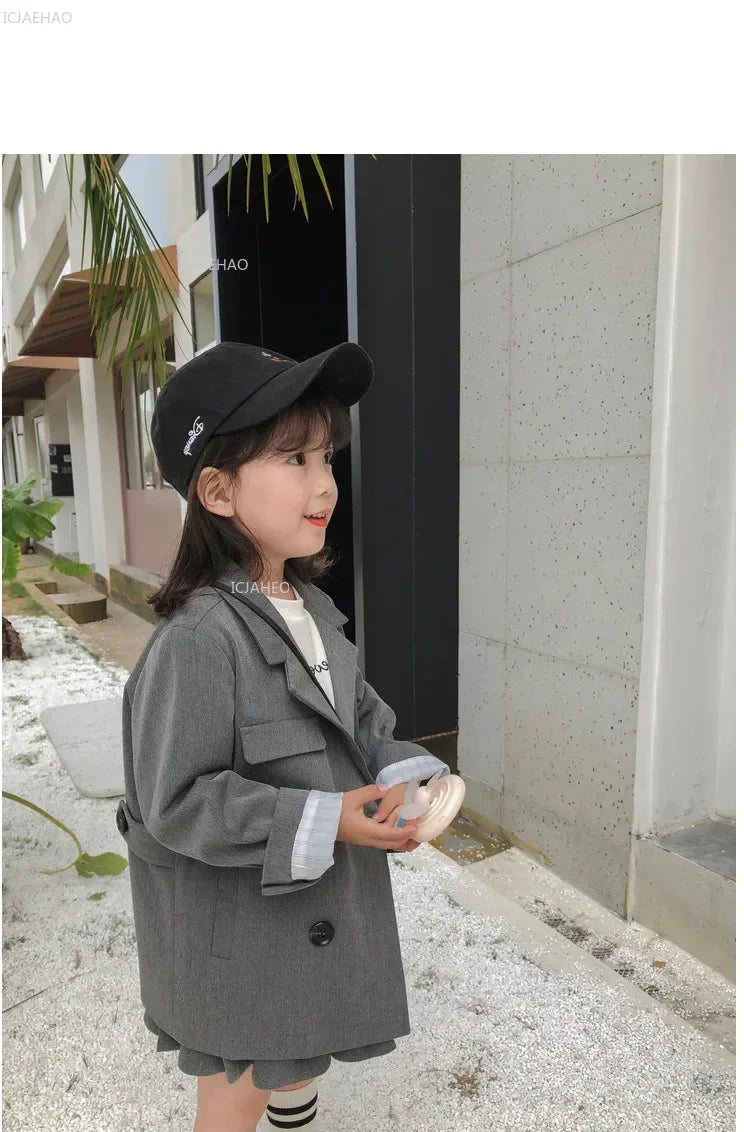 Baby Girls Boy Suit  Kids Tops Coats Jacket British Gray Childrens Clothing Fashion Double-breasted Spring Autumn Costume Sets