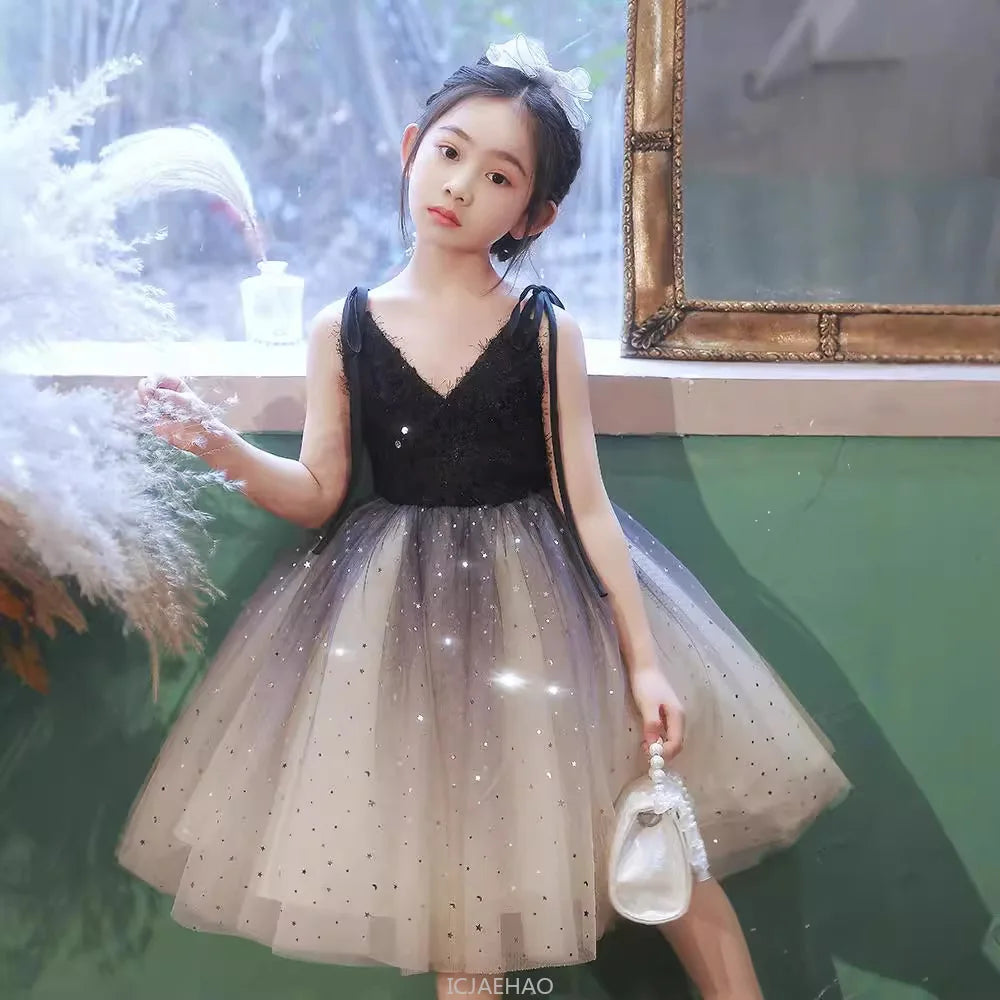 Teen Girl Clothes New Girls Strappy Tie Princess Dress Casual Fashion Kids School Event Host Gown Daily Wear Party Outfit Summer