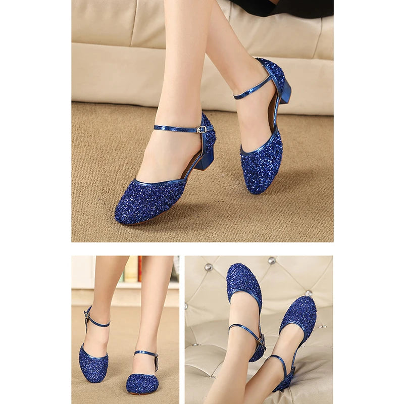 2023 New Summer Girls Party Shoes Princess Sandals Sequined Cloth Leather Glitter Buckle Strap Block Heel Kids Gift Shoes