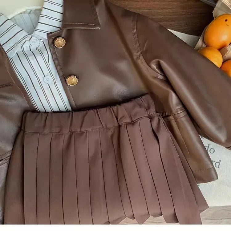 Childrens Suit Spring and Autumn New Korean Girls Fashion Leather Coat Striped Shirt Solid Color Pleated Skirt Three Piece Set