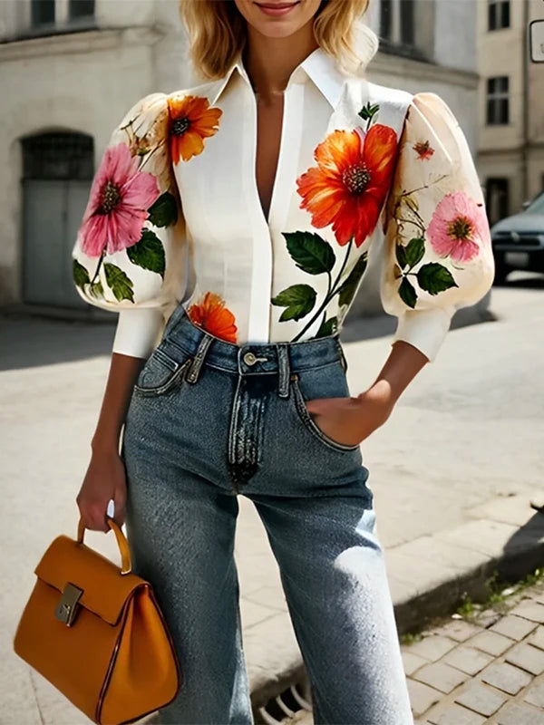 Women's Elegant Blouses 2025 Spring Autumn New Chic Puff Sleeves Asymmetric Floral Printed Lapel V-neck Shirts Tops for Woman