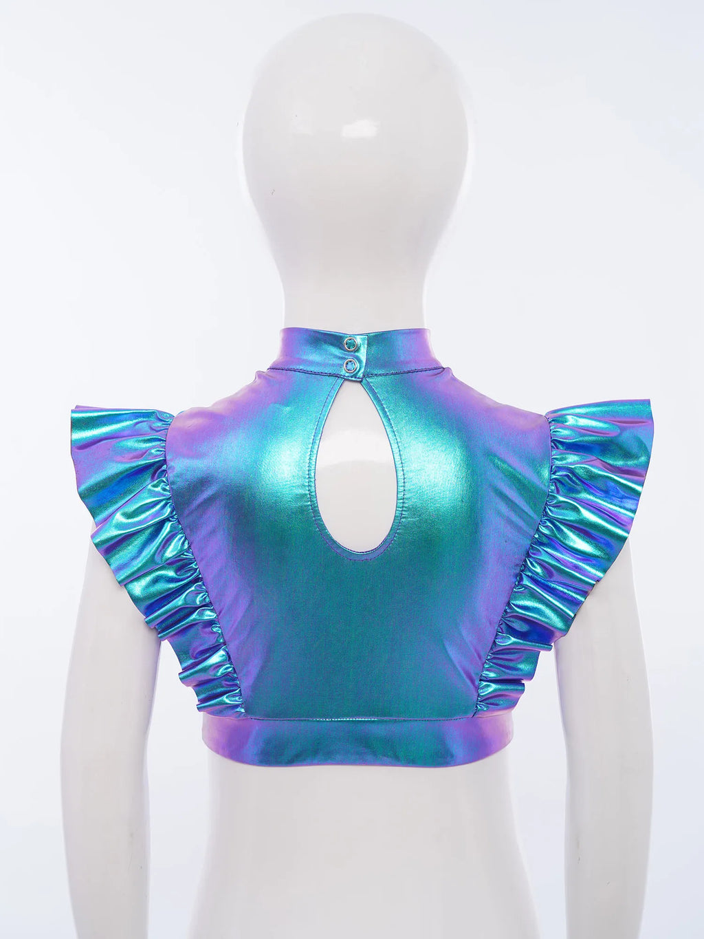 Kids Girls Metallic Shirts Party Disco Jazz Dance Tops Mock Neck Mesh Splice Shiny Rhinestone Sleeveless Ruffle Tank Crop Tops
