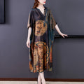 Mulberry Silk Dresses Women's New Summer Long Dress Female Fashion Loose V- Neck High-End Print Pullover Dresses