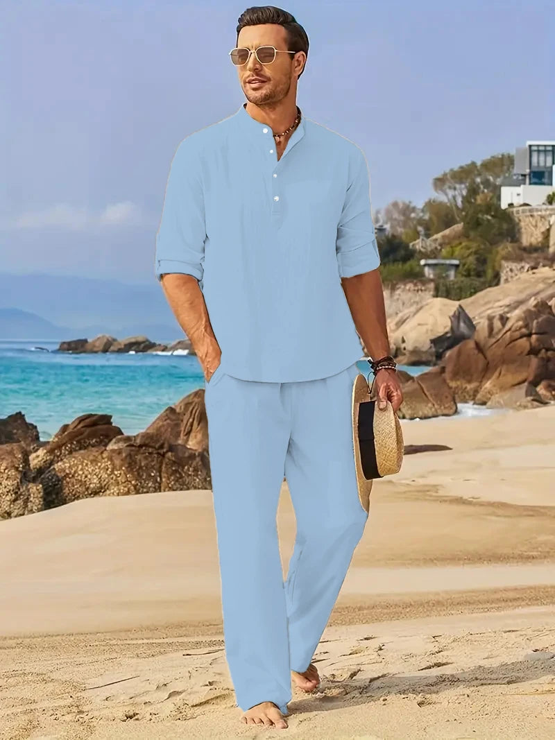 Men's White Linen Suit Set Long Sleeve Henley Shirt and Elastic Waist Pants Two Piece Outfit Summer Casual Comfortable