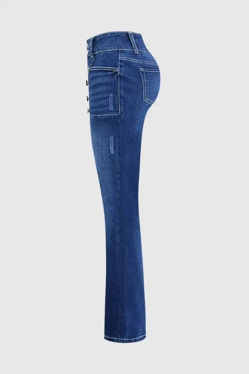 European and American women's jeans with trendy high street button design slim fit and slimming temperament micro flared pants