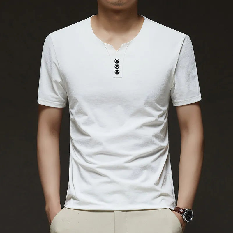 Three Button V-neck T-shirt Men 2026 New Men's Business Casual Short Sleeve Tshirt Korean Style Summer Comfortable Versatile Top