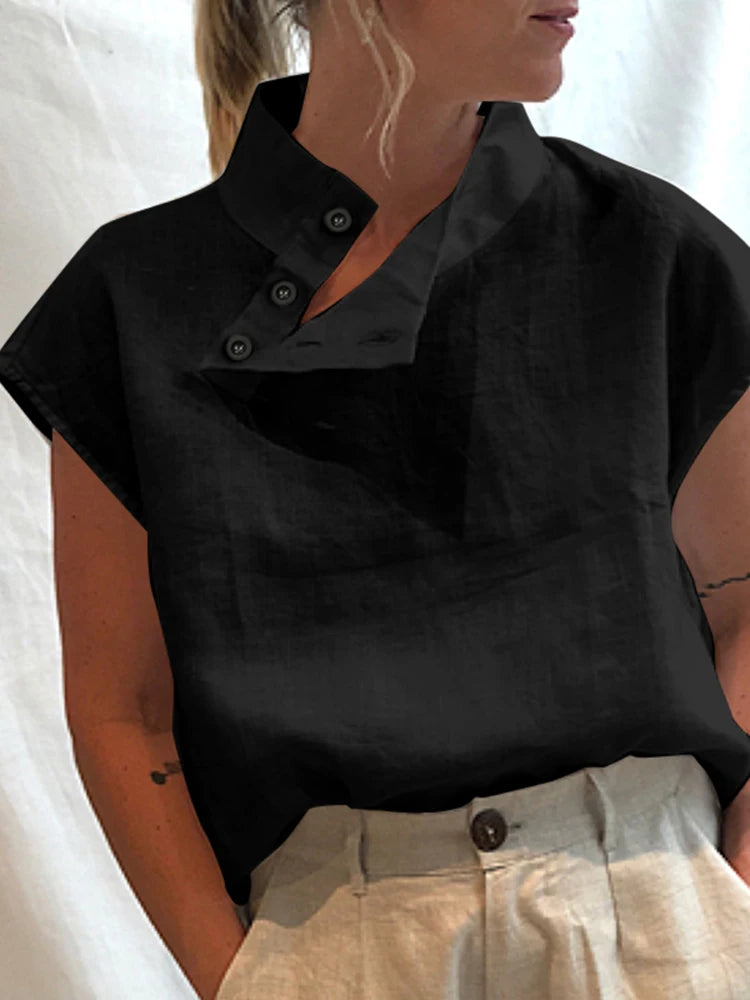 Fashion Women Blouses 2025 Summer Cotton Linen Blusas Mujer Stylish White Shirt Elegant Short Sleeve Tunics Lightweight