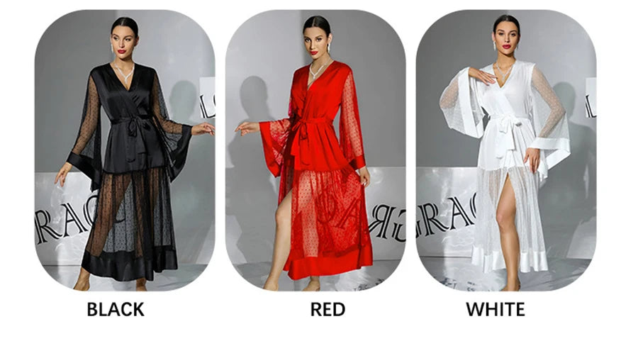 Summer Women Sexy Mesh Maxi Dress V-Neck Belted Polka Dot Sheer Robe Flare Sleeve Party Wedding Nightgown Beach Cover Up Vestido