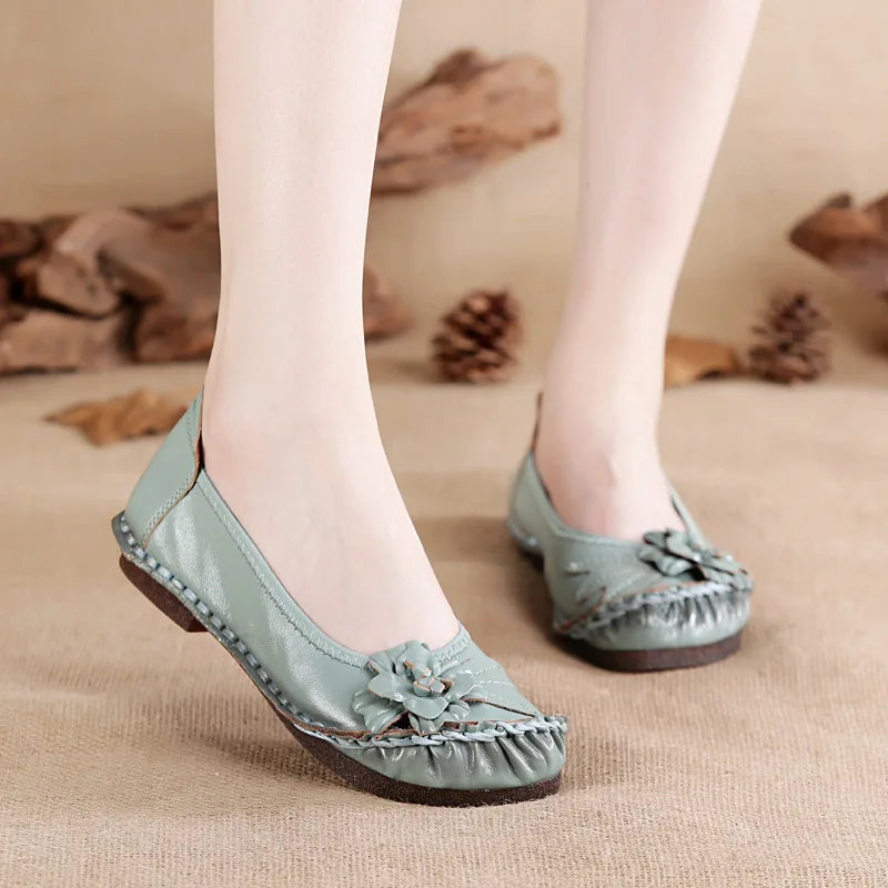 Xiuteng Genuine Leather Women Shoes Casual Flower Single Flat Round Toe Style Boat Shoes Soft Comfortable Women Flats 2021 New