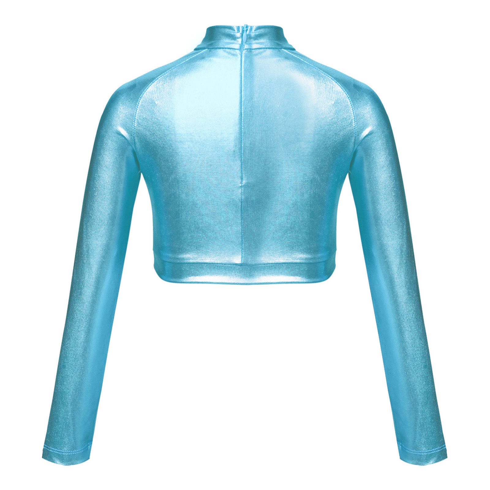 Kids Girls Shiny Metallic Crop Top Mock Neck Long Sleeve Front Sequin Fully Lined Athletic T-Shirts Jazz Hip-hop Dance Tops