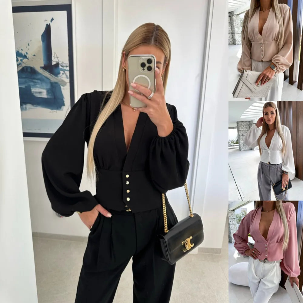 Women V Neck Puff Long Sleeve Blouse Cinched Waist Button Down Cropped Top