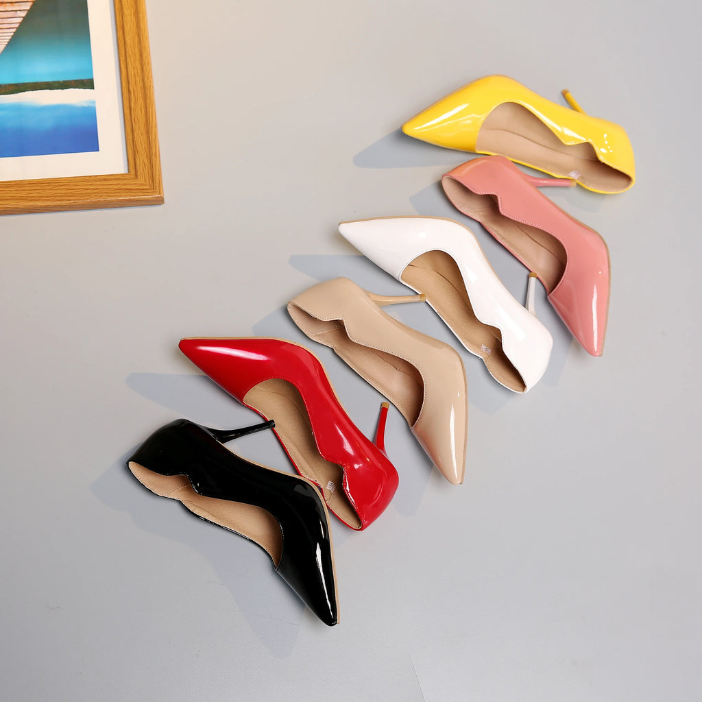 Nude High-Heeled Shoes for Women, Thin Heels, Pointed Toes, Small Size 30, 2024 New Style for Ladies, Elegant Spring and Autumn White Sexy Patent Leather Professional Black Women's Single Shoes, European and American Extra La