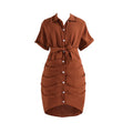 Girls 8-12 Casual Dress, Brown Lapel Short Sleeve Belted Ruched Bodycon Shirt Dress, Retro and Elegant for Daily Wear