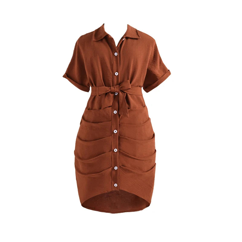 Girls 8-12 Casual Dress, Brown Lapel Short Sleeve Belted Ruched Bodycon Shirt Dress, Retro and Elegant for Daily Wear