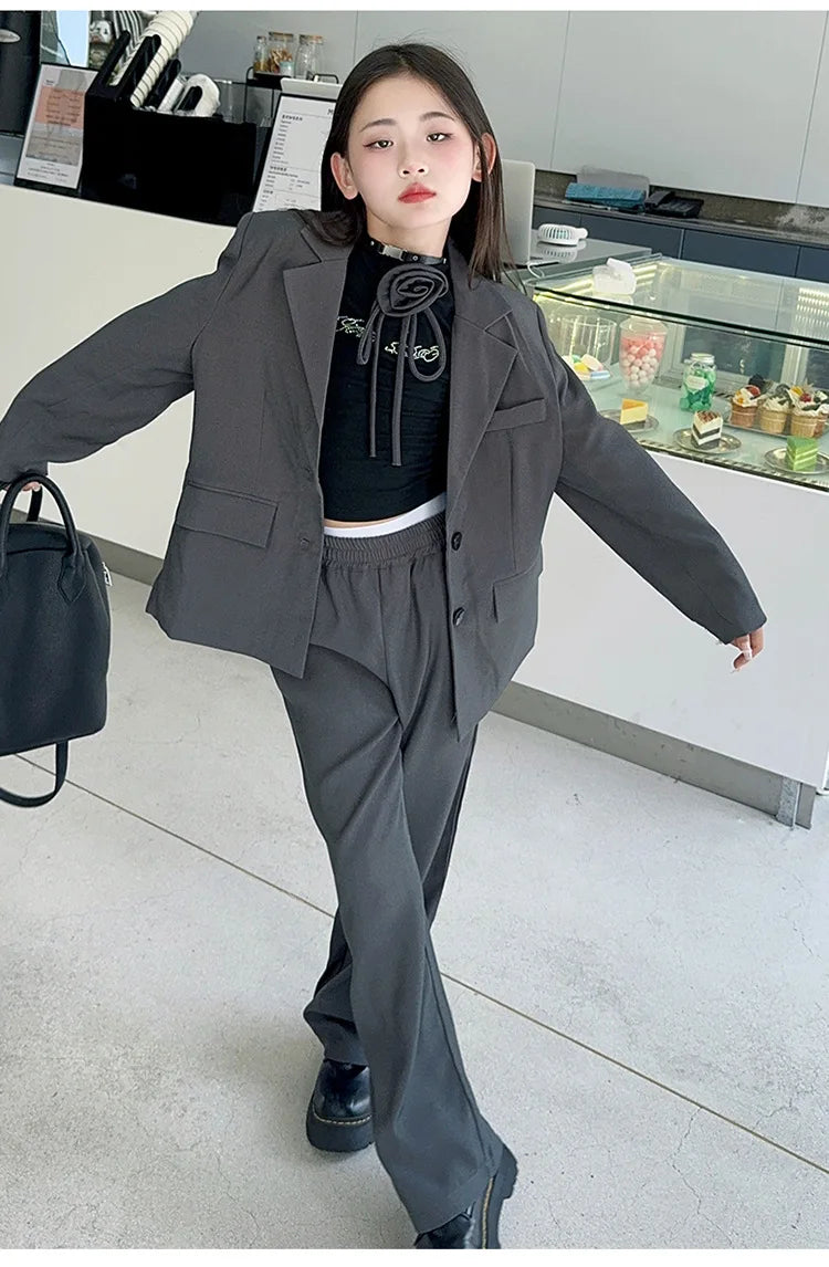 8 10 12 14 teenage Girl suit set Blazer+Wide leg pants 2pcs junior kid clothes suits children clothing girls outfit sets Costume