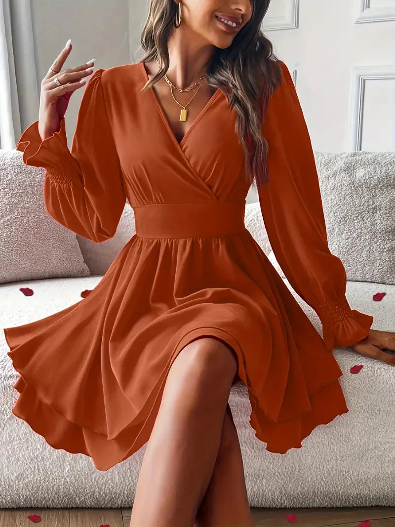 Summer New Dresses 2026 Woman Clothing V-Neck Lantern Sleeve Wrap Mini Dress Ruched Waisted Dress Elegant for Spring Party Dress