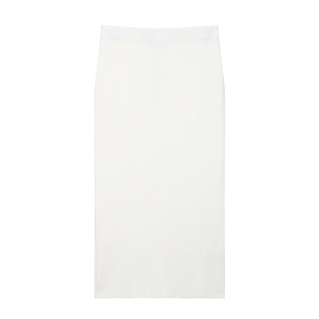 HH Women's Skirt Set Chic Sleeveless O-Neck Belt Decoration Solid Knitted Vest Top+Fashion Elastic Waist Hem Slit Midi Skirt