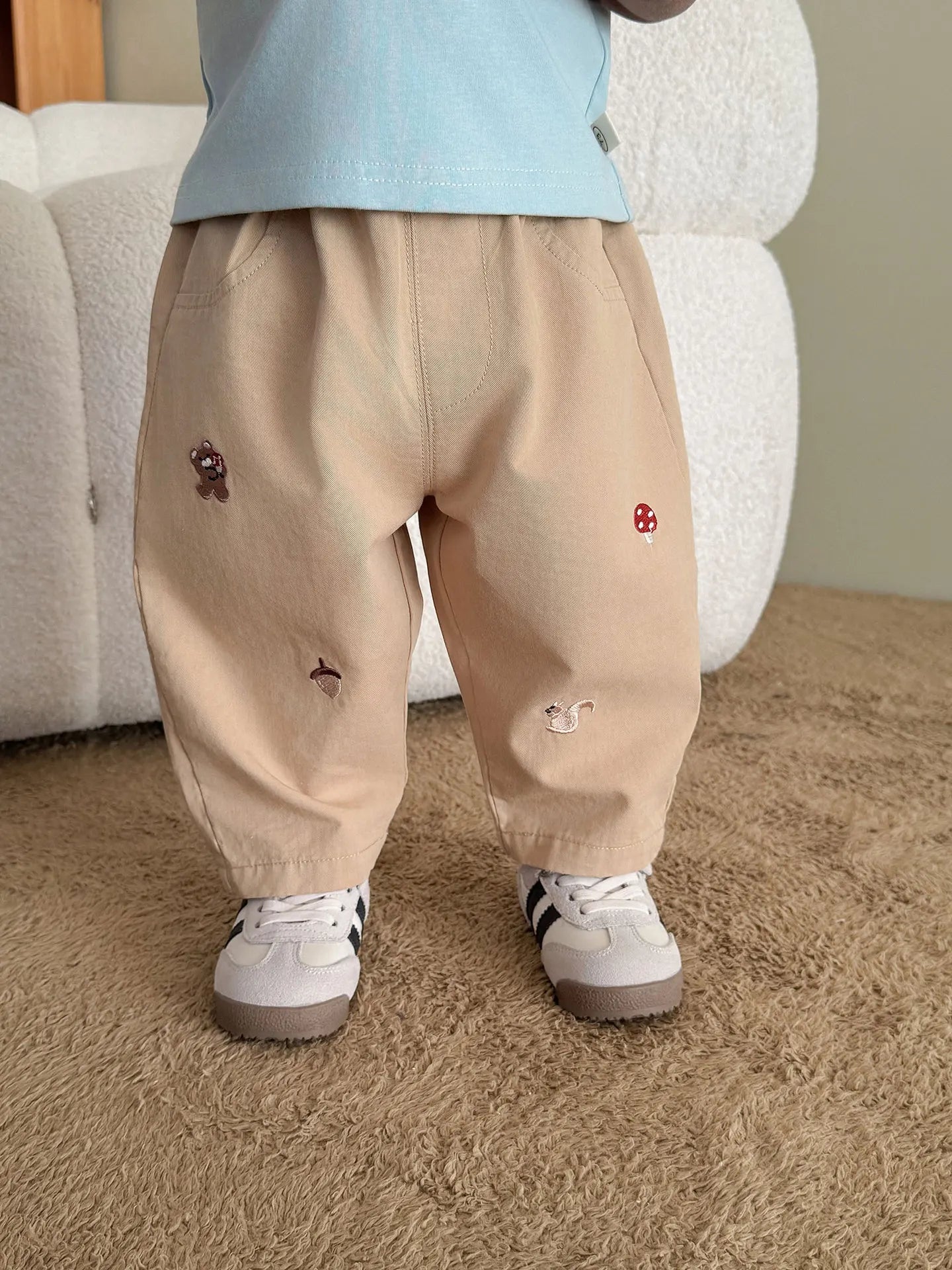2026 Fall New Toddler Kids Pants Cotton Cartoon Embroidered Harem Pants Baby Boy Casual Striped Denim Baggy Trousers