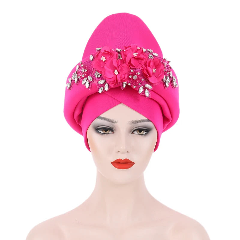 Beaded Nigeria Gele Ready African Headtie Female Head Wraps Party Headpiece Muslim Headscarf Hat Women's Turban Cap with Stones