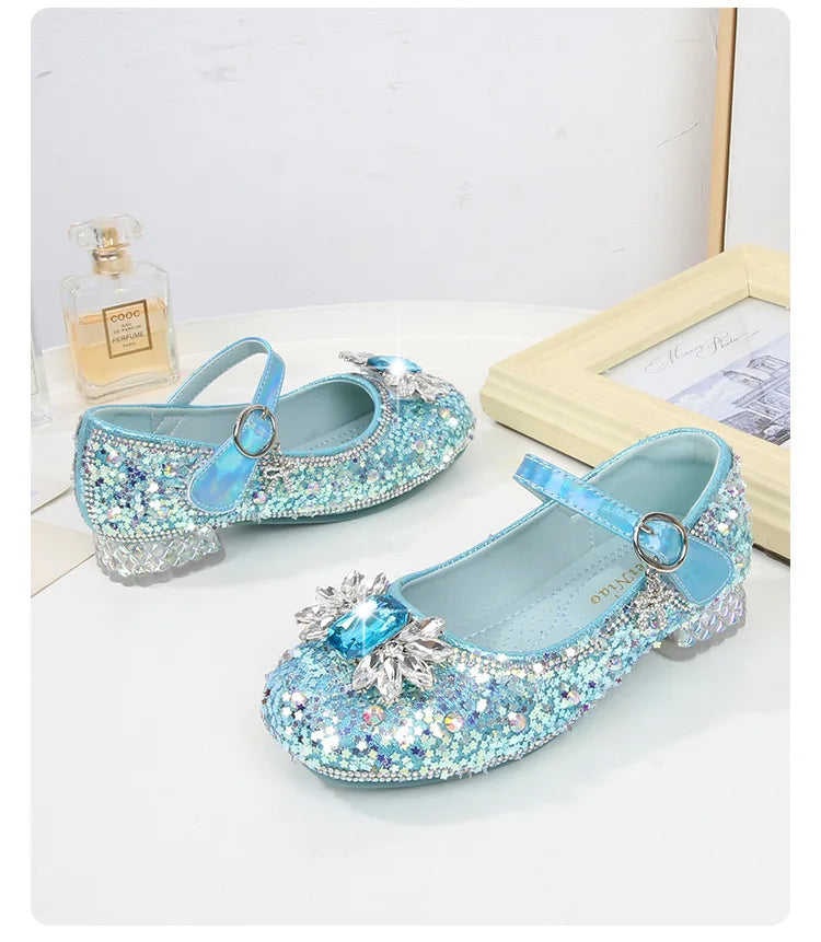 Girls Leather Shoes Fashion Flat Child New Sequin Flash Single Shoes Little Kids Crystal Princess Footwear Wedding Party Shoes