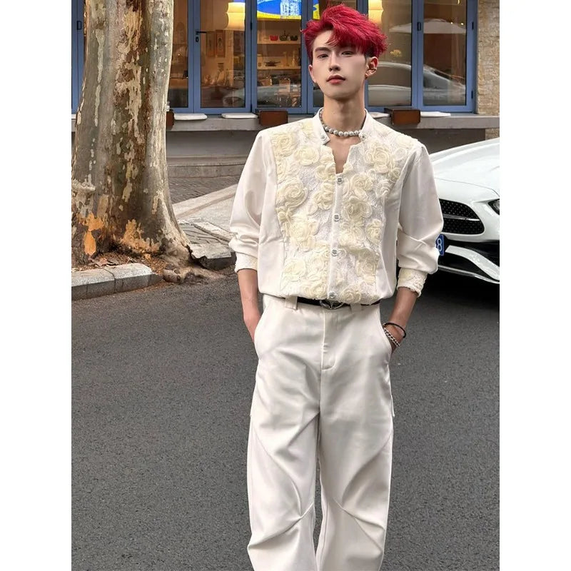 Men's Cream Stand Collar Long-Sleeve Shirt with Rose Embroidery Decorative Buttons Men's Shirts Fashion Men's Clothing