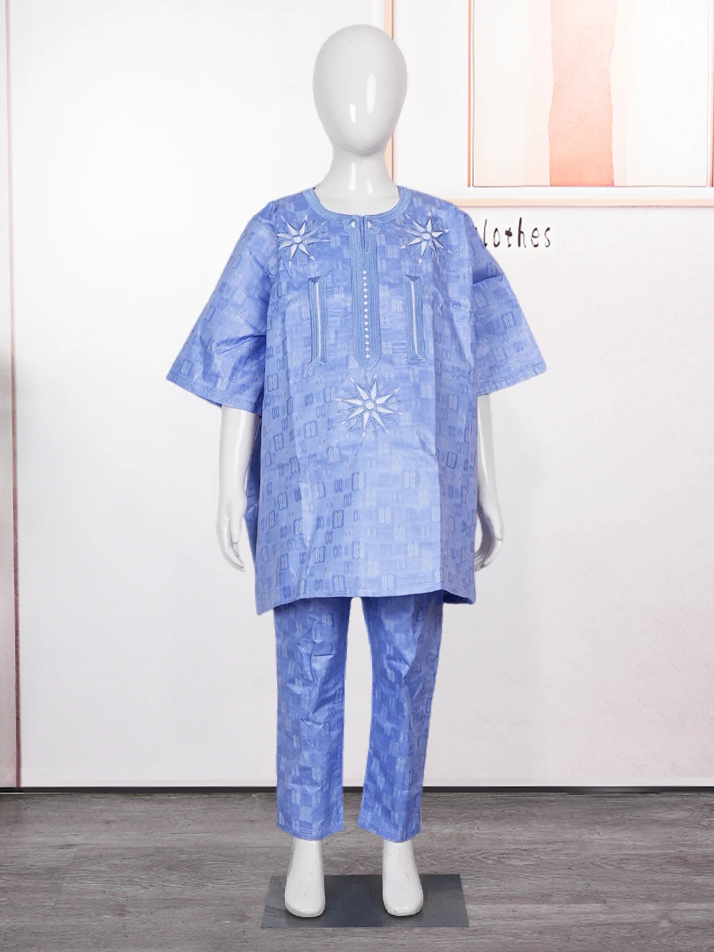 H&D New African Tradition Clothes For Kids Boys Blue Long Sleeve Tops Embroidery Dashiki Robe Shirt Pant Child Set 2024
