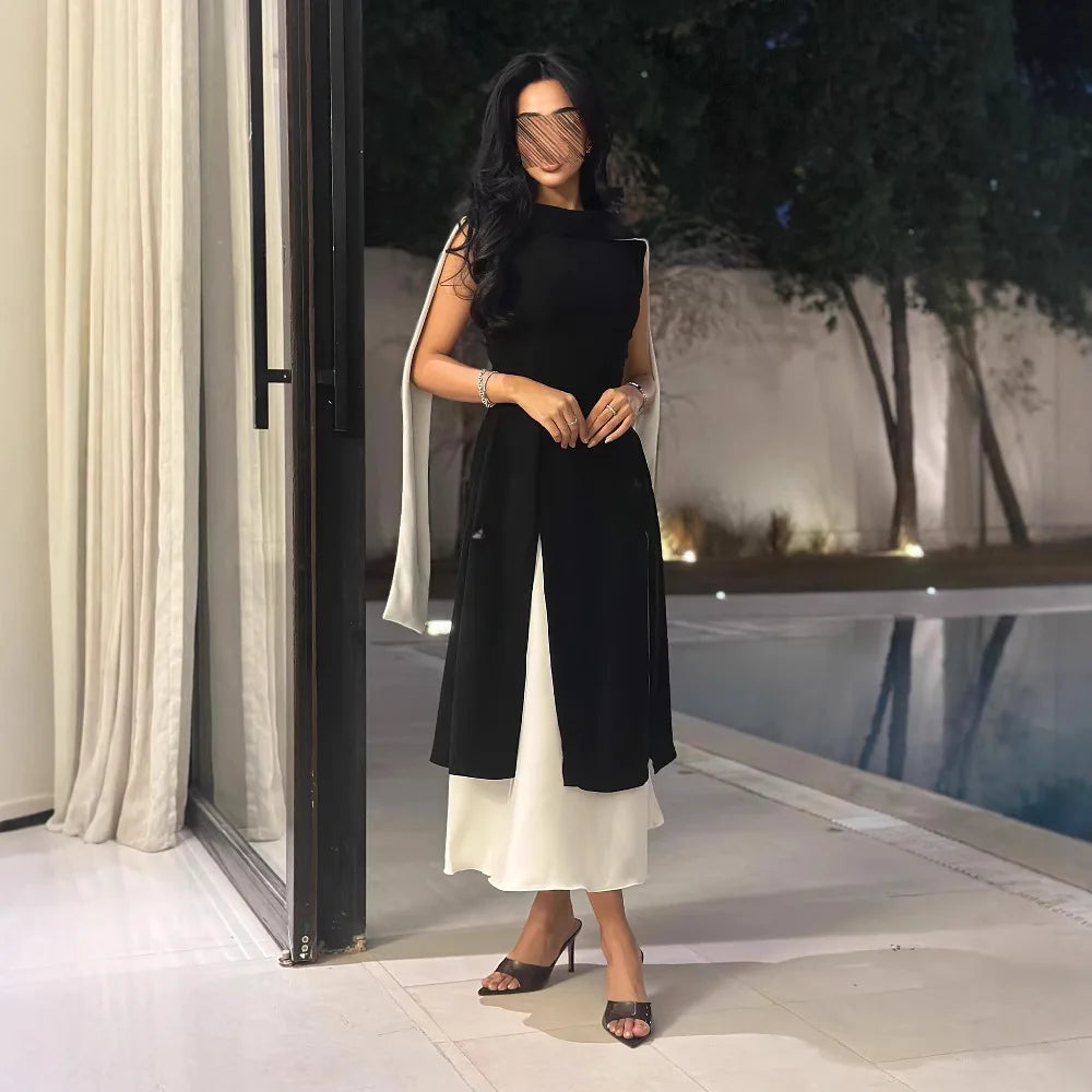 Hot Sale O Neck Stunning Muslim A Line Evening Dress Dancing Party Women With Cape Sleeves Cocktail Vintage Gown Fast Shipping