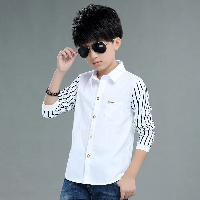 Boys Blouses And Shirts Children's Stripe Top 2024 Spring Autumn Casual White Polo Shirts Teenager School Brand Outerwear Cotton