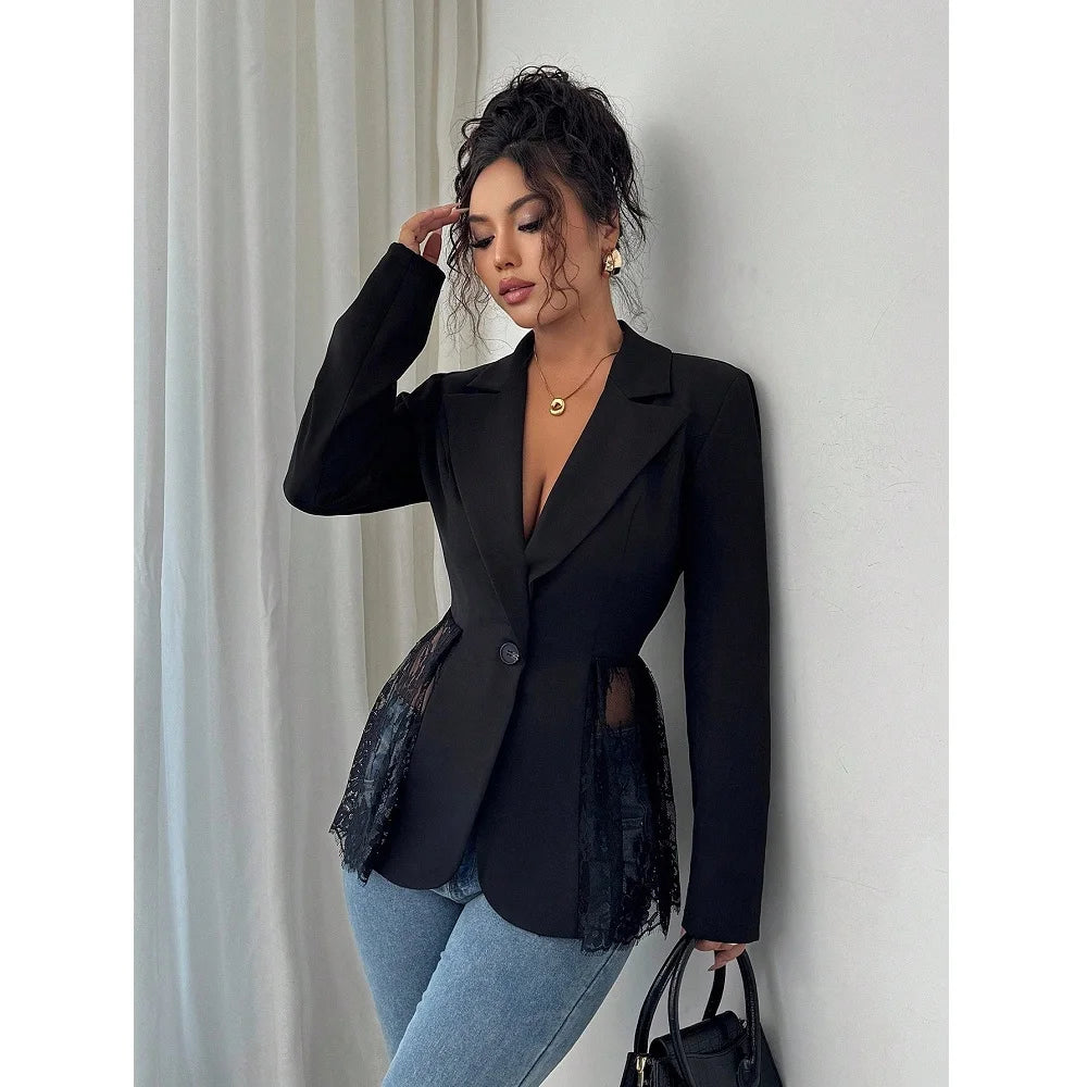 Women Elegant Blazer Suits Ladies Spring Autumn Long Sleeve Single Button Jackets Coats with Lace Hem