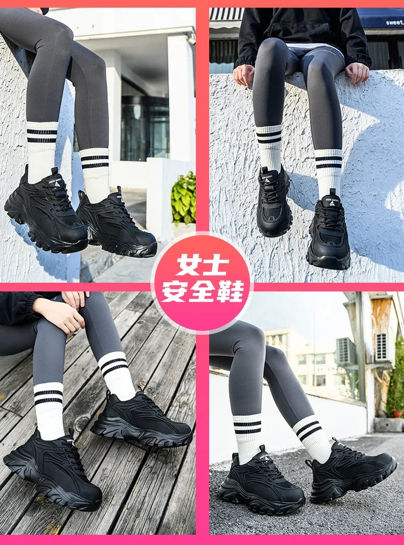Women's safety shoes with steel toe caps, anti smashing and anti puncture rotating buttons, no tie up, hot selling shoes
