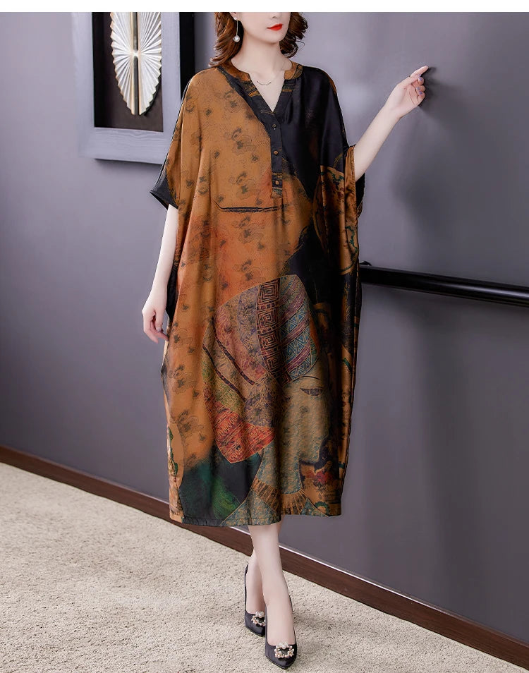 Mulberry Silk Dresses Women's New Summer Long Dress Female Fashion Loose V- Neck High-End Print Pullover Dresses