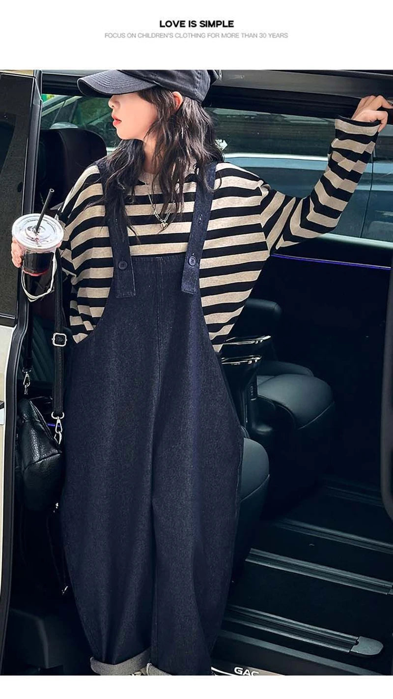 Girls 2 Piece Outfit Korean Style Kids Striped Long Sleeve T-shirt + Loose Denim Overalls Set Spring Autumn Children's Clothing