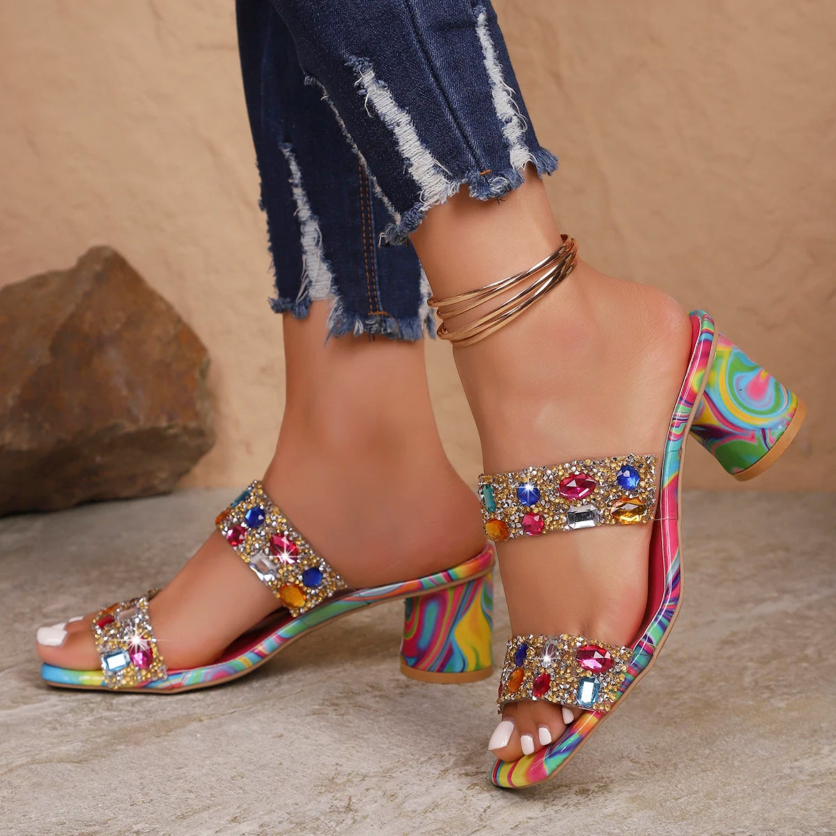 Women Sandals Luxury Summer High Heels Sandals 2025 Brand Design Colorful Gem Heeled Party Shoes Woman Plus Size Sandalias Mujer