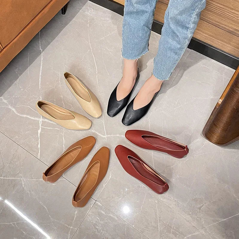 Genuine Leather Multi-color Low-heeled women's Shoes  Round Toe Flat Bottom Shallow Cut Single Shoe Casual Versatile Loafers