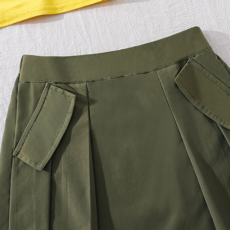 Girls 8-12 2-Piece Set, Yellow Fruit Print Off-Shoulder Top & Green Pleated Skirt, Fresh Cute for Daily Summer Wear