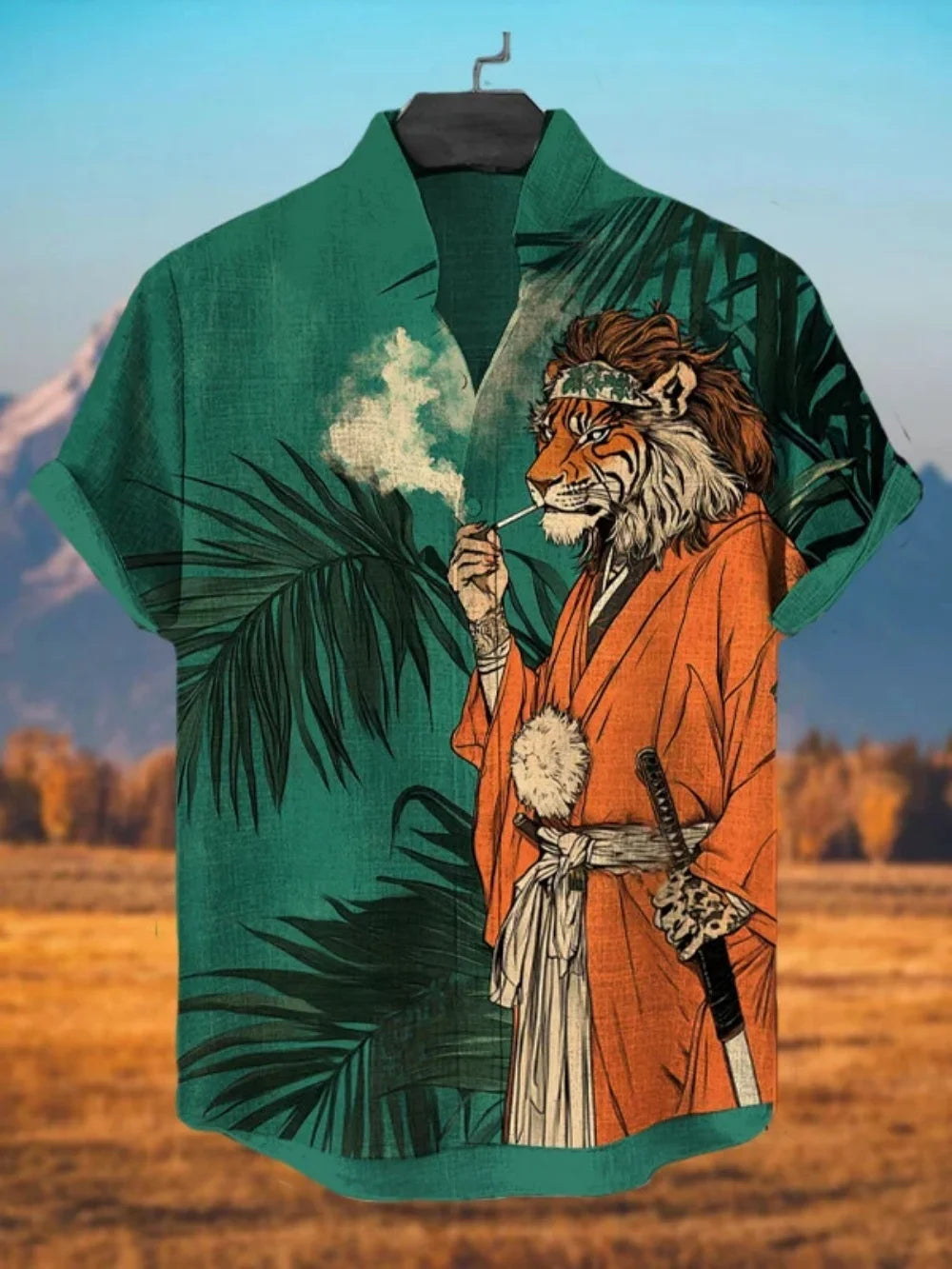 2025 new men's standing collar shirt, Japanese samurai printed cardigan button up shirt, retro linen short sleeved men's shirt