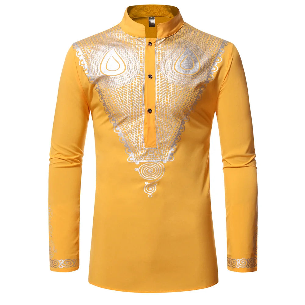 Men's African Style Ethnic Shirt Traditional Tribal Printed Stand Collar Robe Turkish Long Sleeve Dashiki Tops