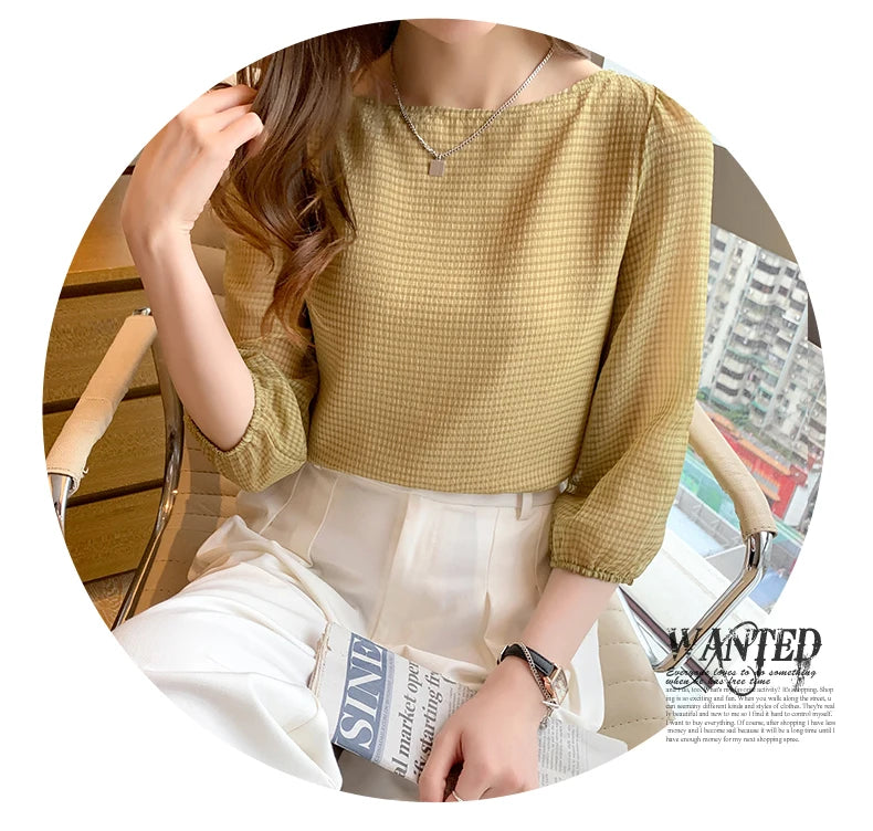 Blusas Para Mujer 2026 New Women Blouse Shirt O-Neck Black Chiffon Blouse Shirt Women Tops Blouses Shirts Blusas Camisas E474
