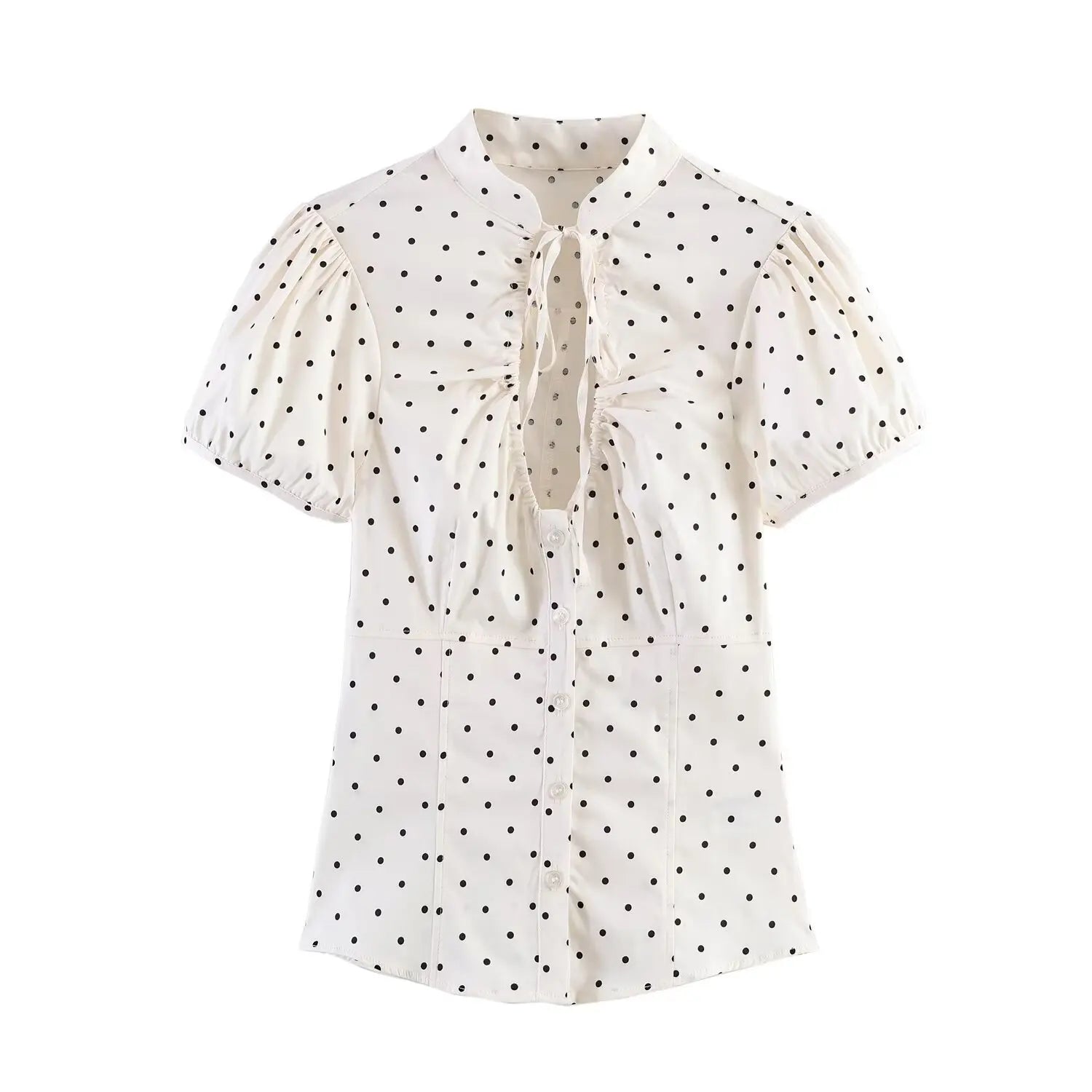 Women Sexy V-Neck Single Breasted Crop Shirts 2026 Summer Female Chic Bow Lace-Up Puff Sleeve Slim Shirts Y2K Girl Cute Shirt