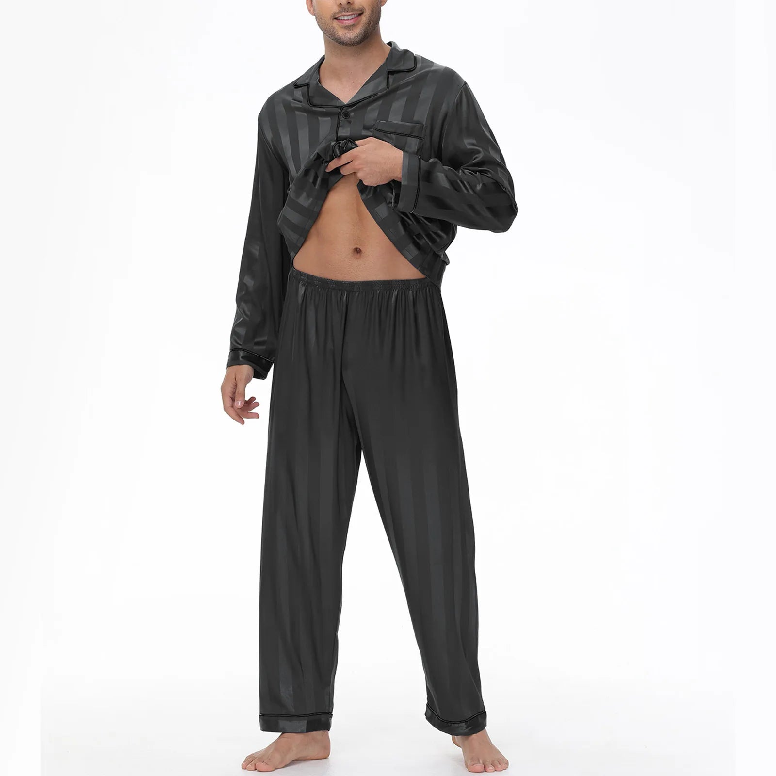 Men Pajamas Sleepwear 2PCS Set Navy Blue Stripes Long Sleeve Trouser Suits Home Clothes Male Loose Silk Satin Pijamas Loungewear