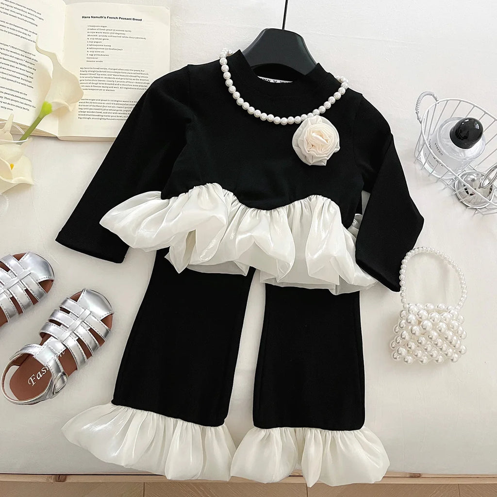 Girls 2 Piece Autumn 2025 New Long Sleeve Lace Solid Color Simple Fashionable Top Childrens Pants Baby Girl Set