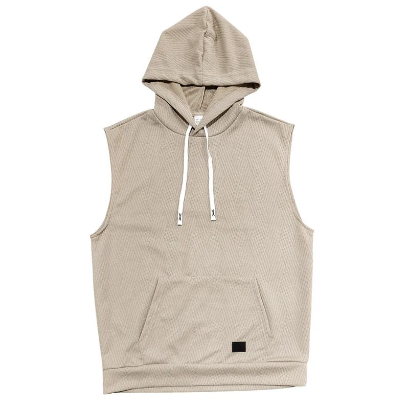 2026 Men's Casual 2 Piece Set Fashion Jacquard Knitted T-shirt Hooded Sleeveless Vest Elastic Waist Shorts Jogging Fitness Suit