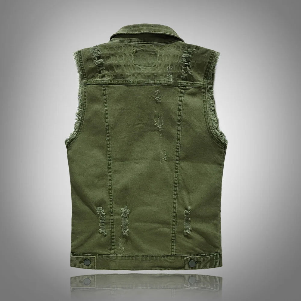 New Fashion Men Ripped Denim Vests Jackets Man Trendy Casual Sleeveless Coats Male Streetwear Personality Slim Jeans Waistcoats